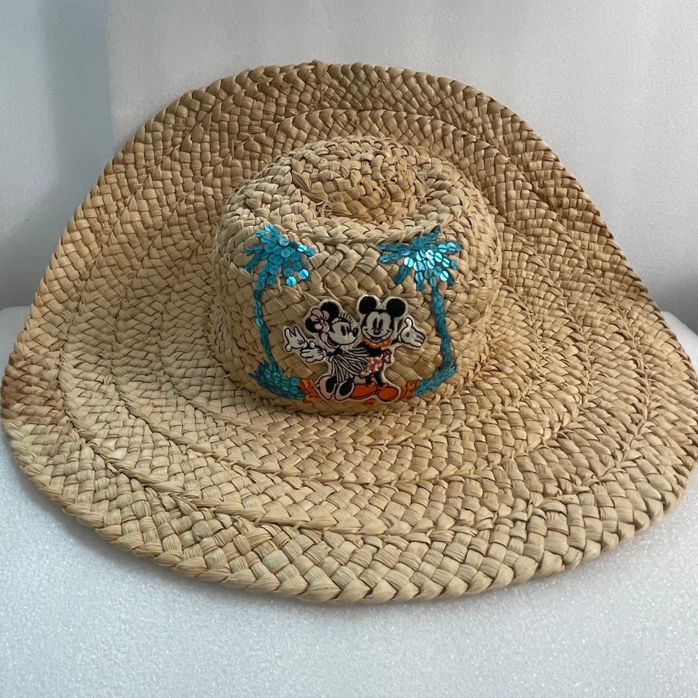 Walt Disney World Mickey Minnie Mouse‎ Tropical Straw Sun Hat Sequin Palm Trees